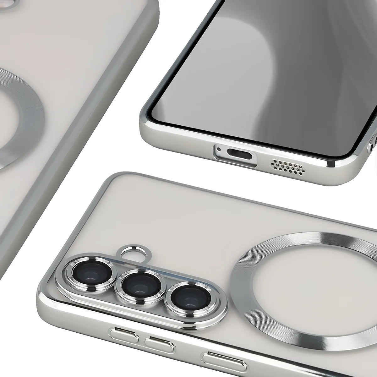 Handyhülle mit Kameraschutz und Magnetring für Galaxy S26, Bizon Case GuardO, Transparent-Silbern