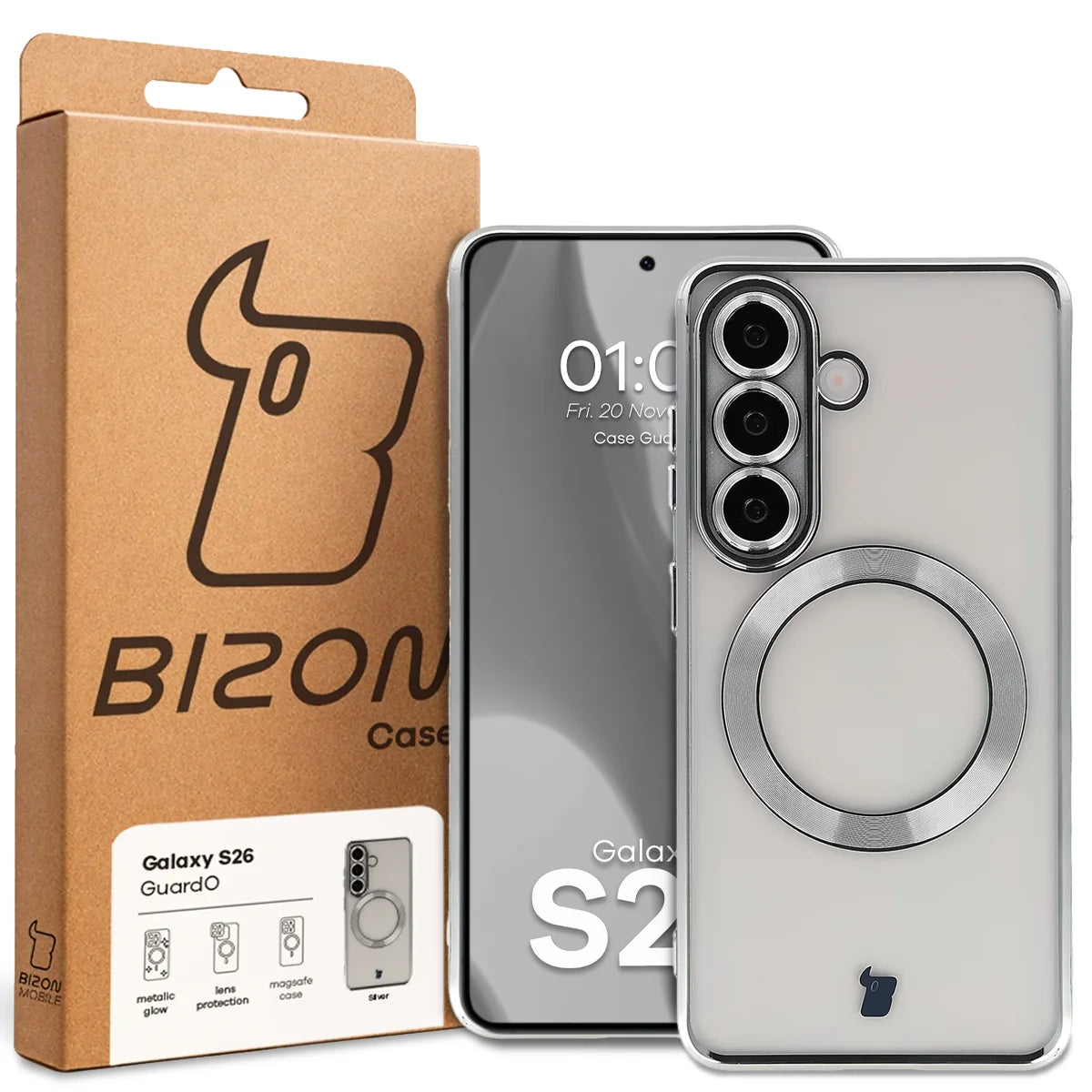 Handyhülle mit Kameraschutz und Magnetring für Galaxy S26, Bizon Case GuardO, Transparent-Silbern