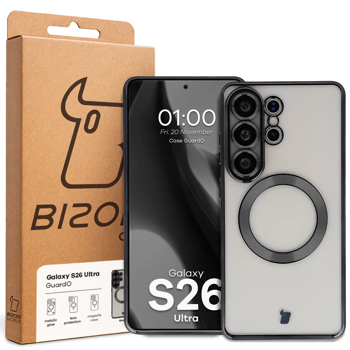 Handyhülle mit Kameraschutz und Magnetring für Galaxy S26 Ultra, Bizon Case GuardO, Transparent-Schwarz