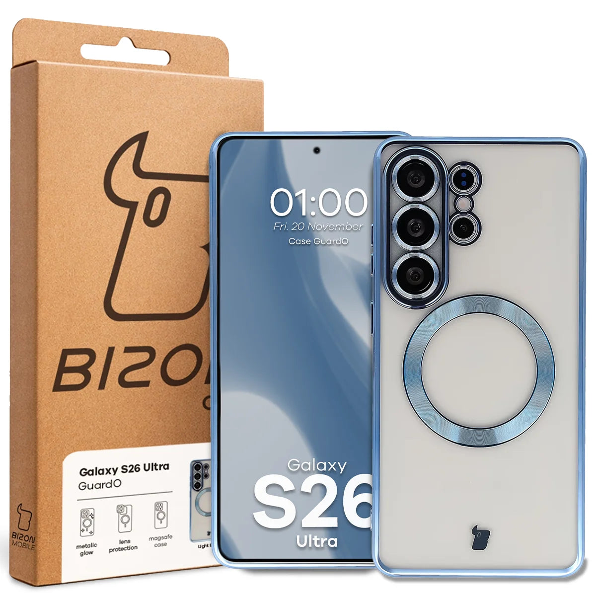 Handyhülle mit Kameraschutz und Magnetring für Galaxy S26 Ultra, Bizon Case GuardO, Transparent-Blau