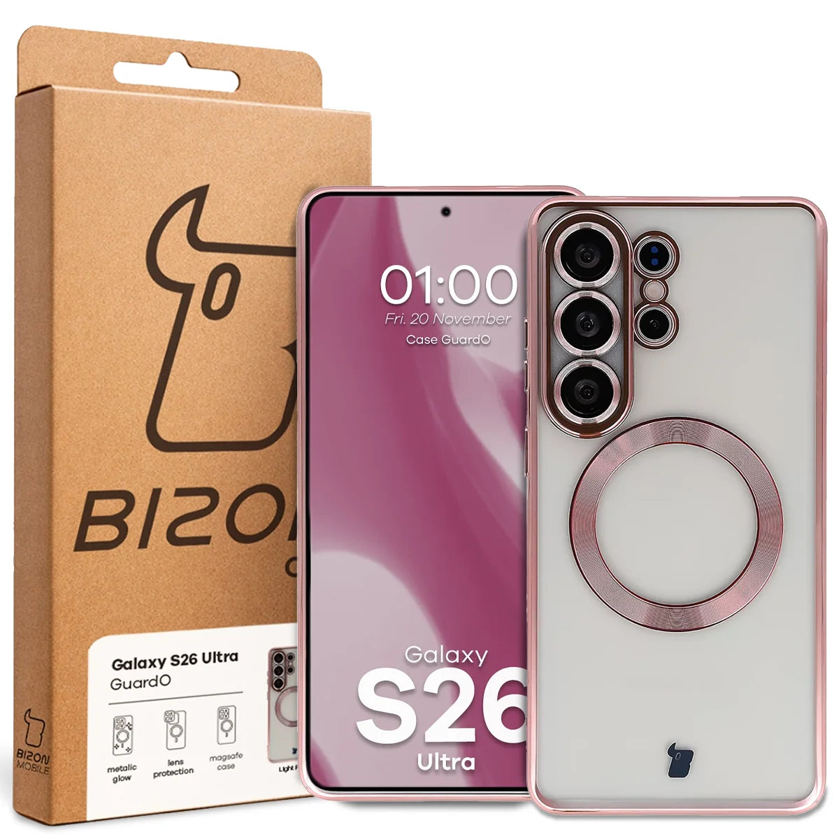 Handyhülle mit Kameraschutz und Magnetring für Galaxy S26 Ultra, Bizon Case GuardO, Transparent-Rosa