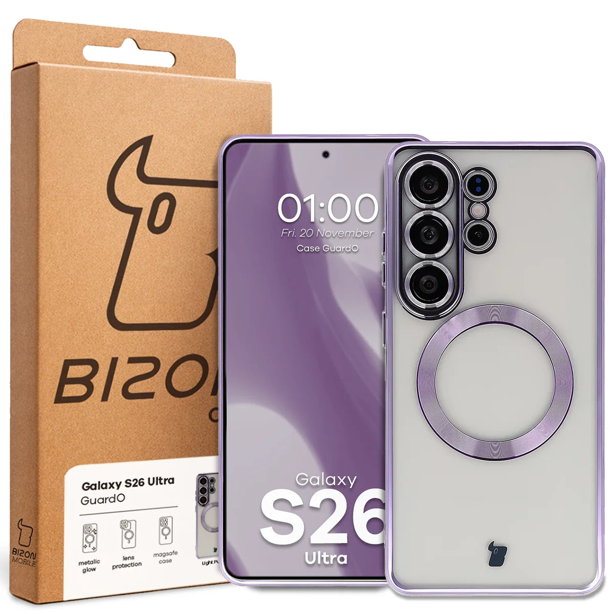 Handyhülle mit Kameraschutz und Magnetring für Galaxy S26 Ultra, Bizon Case GuardO, Transparent-Violet