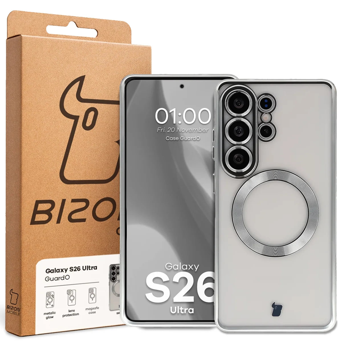 Handyhülle mit Kameraschutz und Magnetring für Galaxy S26 Ultra, Bizon Case GuardO, Transparent-Silbern