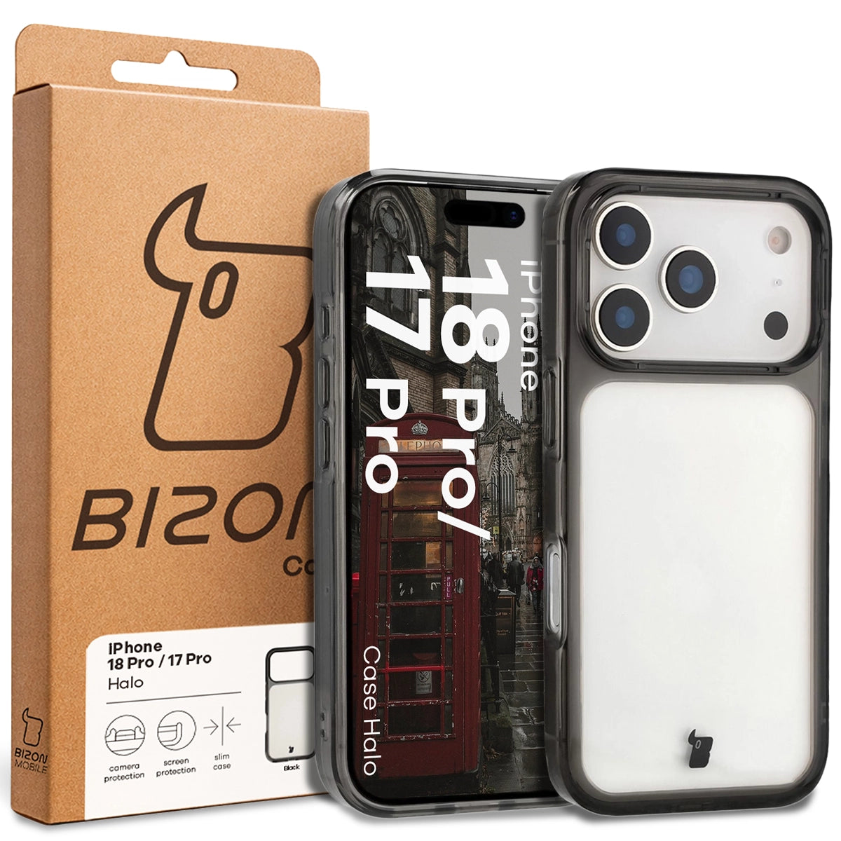 Handyhülle für iPhone 18 Pro / 17 Pro, Bizon Case Halo, Getönt-Schwarz