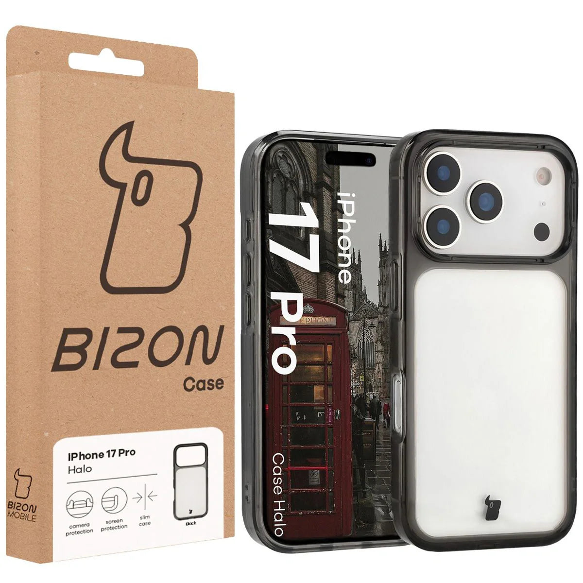 Handyhülle für iPhone 17 Pro, Bizon Case Halo, Getönt-Schwarz