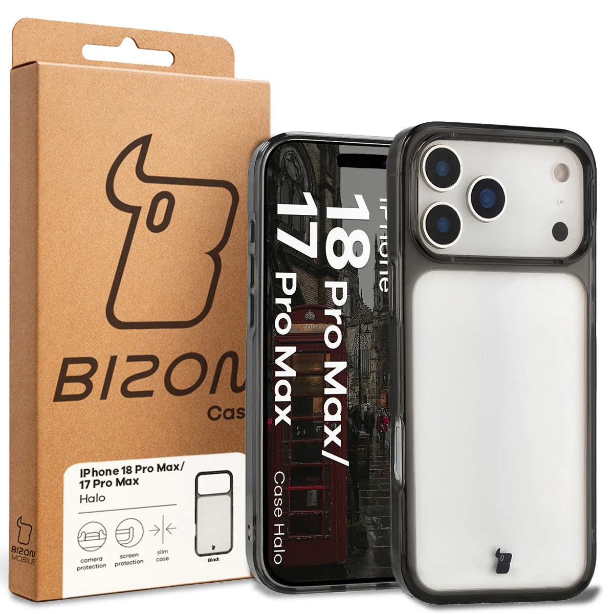 Handyhülle für iPhone 18 Pro Max / 17 Pro Max, Bizon Case Halo, Getönt-Schwarz