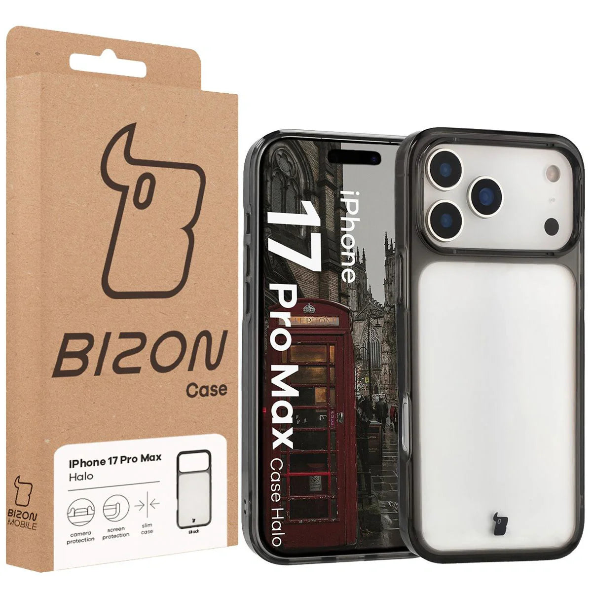 Handyhülle für iPhone 17 Pro Max, Bizon Case Halo, Getönt-Schwarz