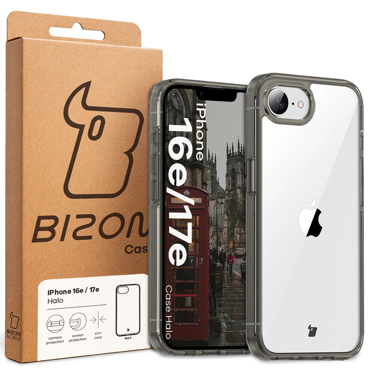 Handyhülle für iPhone 17e / 16e, Bizon Case Halo, Getönt-Schwarz