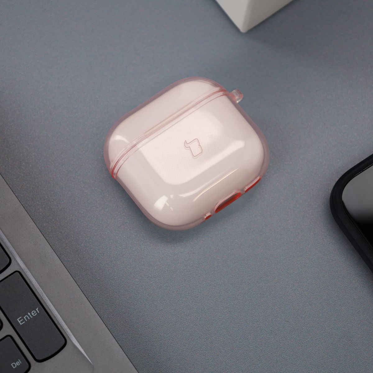 Elastische Hülle mit Karabiner für AirPods 4, Bizon Case Headphone Clear, Transparent-Rosa