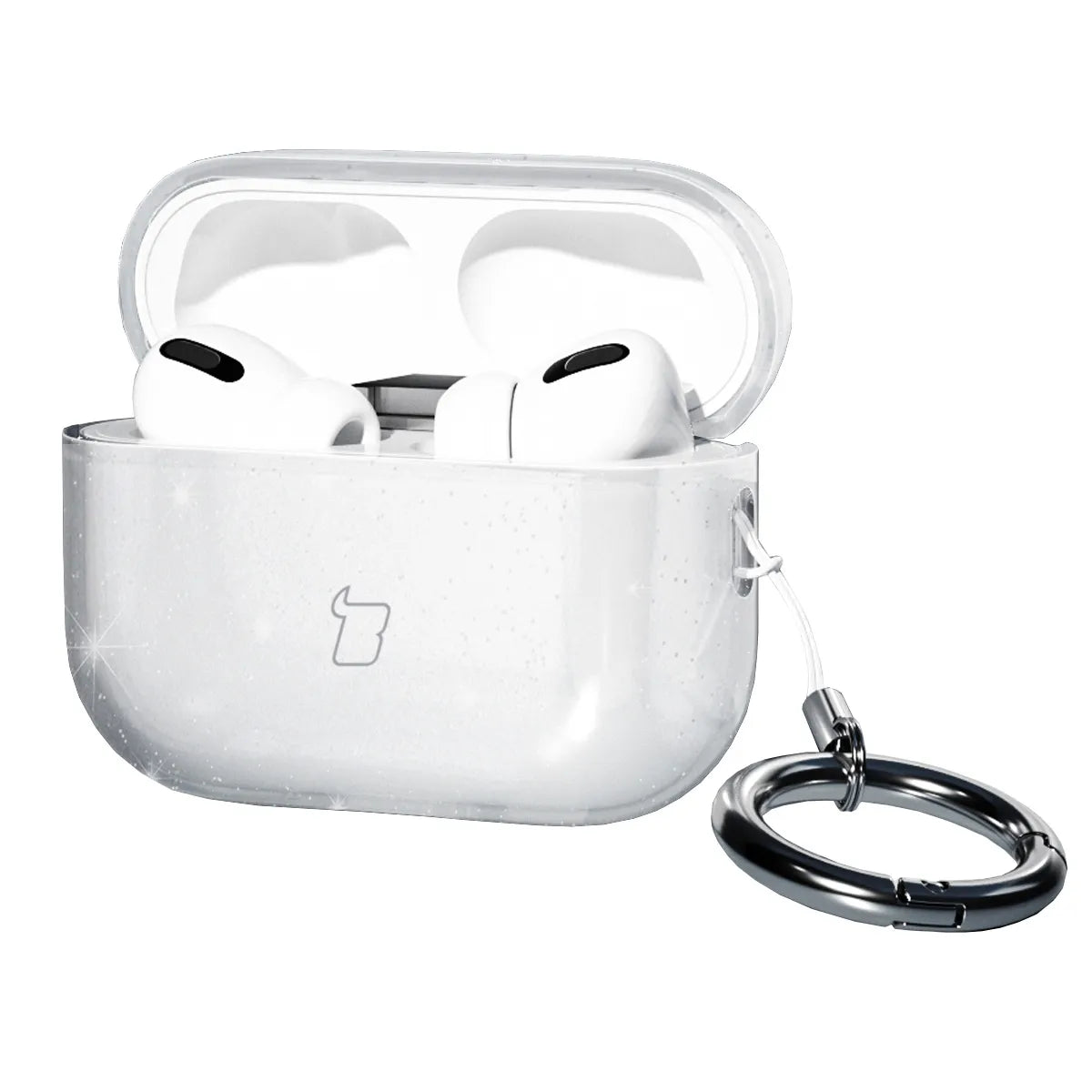 Elastische Hülle mit Karabiner für AirPods Pro 3, Bizon Case Headphone Clear, Transparent und Glitzernd
