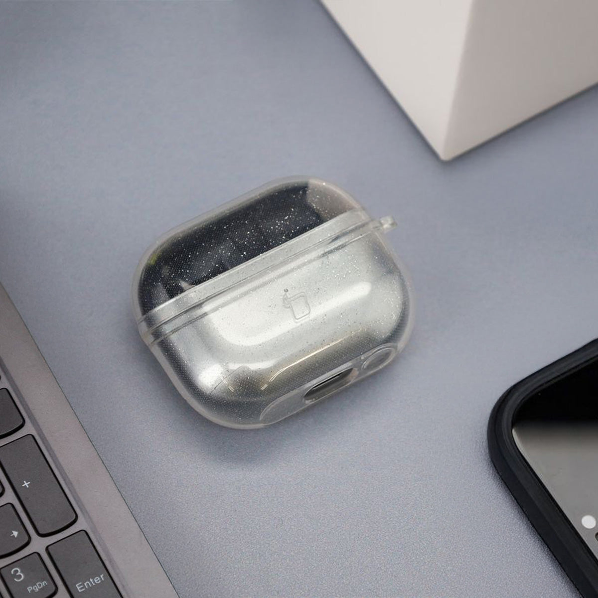 Elastische Hülle mit Karabiner für Galaxy Buds 3/3 Pro/3 FE, Bizon Case Headphone Clear, Transparent und Glitzernd