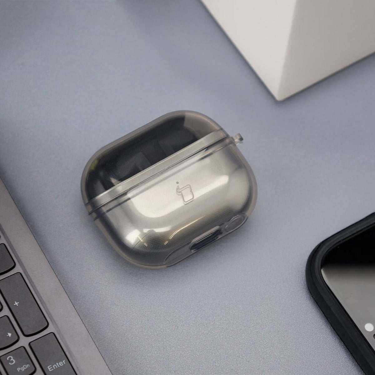Elastische Hülle mit Karabiner für Galaxy Buds 3/3 Pro/3 FE, Bizon Case Headphone Clear, Transparent-Schwarz