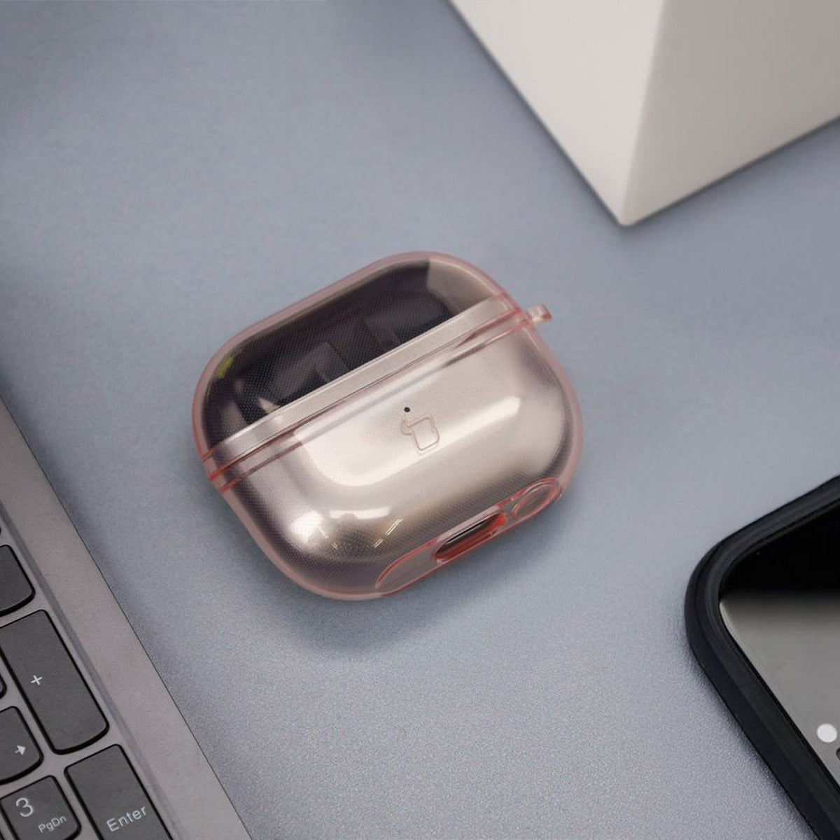 Elastische Hülle mit Karabiner für Galaxy Buds 3/3 Pro/3 FE, Bizon Case Headphone Clear, Transparent-Rosa
