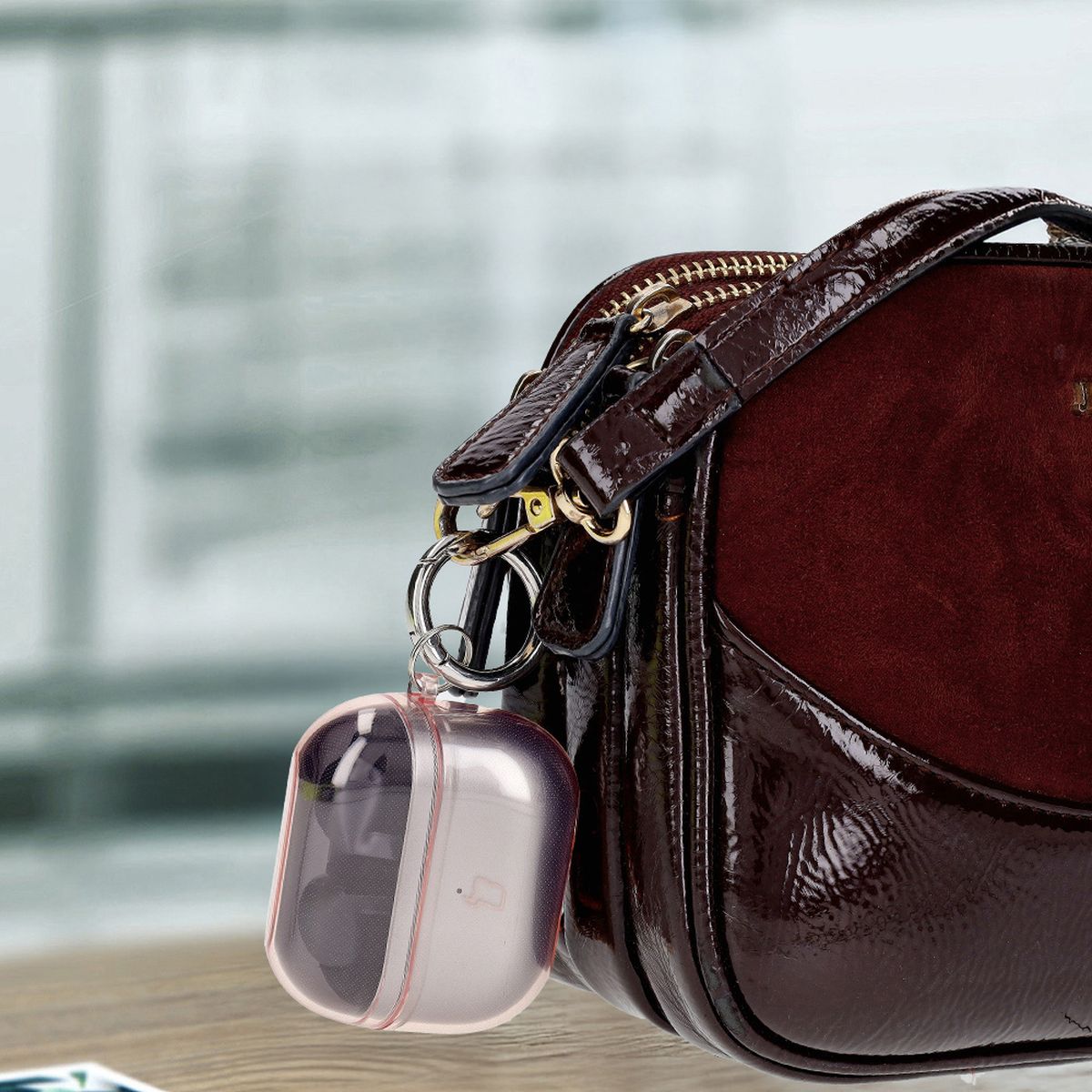 Elastische Hülle mit Karabiner für Galaxy Buds 3/3 Pro/3 FE, Bizon Case Headphone Clear, Transparent-Rosa