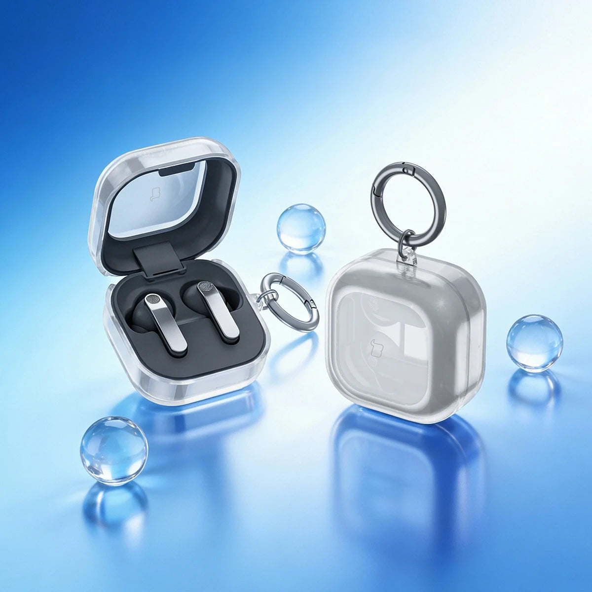 Elastische Hülle mit Karabiner für Galaxy Buds 4 / 4 Pro, Bizon Case Headphone Clear, Transparent und Glitzernd
