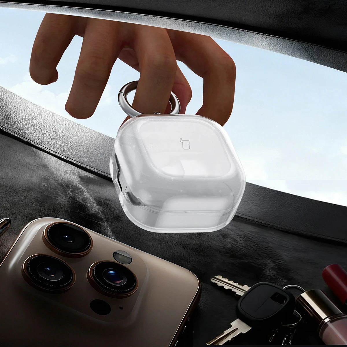 Elastische Hülle mit Karabiner für Galaxy Buds 4 / 4 Pro, Bizon Case Headphone Clear, Transparent und Glitzernd
