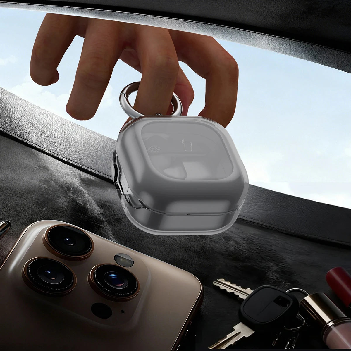 Elastische Hülle mit Karabiner für Galaxy Buds 4 / 4 Pro, Bizon Case Headphone Clear, Transparent-Schwarz