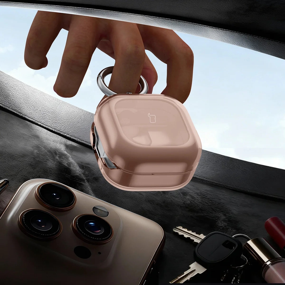 Elastische Hülle mit Karabiner für Galaxy Buds 4 / 4 Pro, Bizon Case Headphone Clear, Transparent-Golden