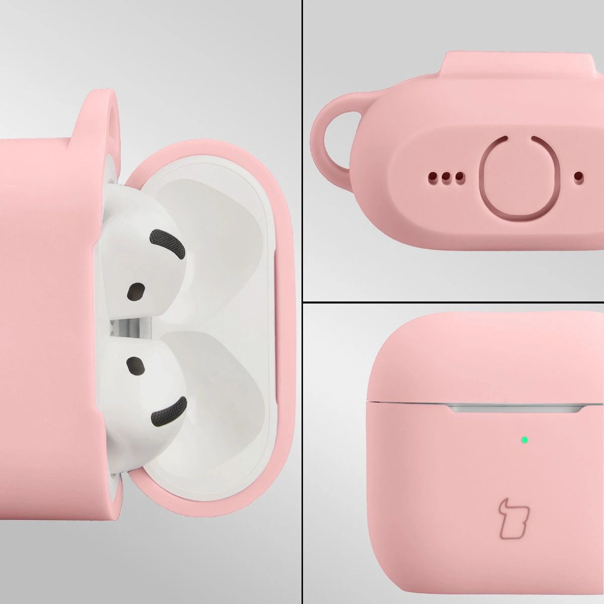 Silikonhülle mit Karabiner für AirPods 4, Bizon Case Headphone Silicone, Hellrosa