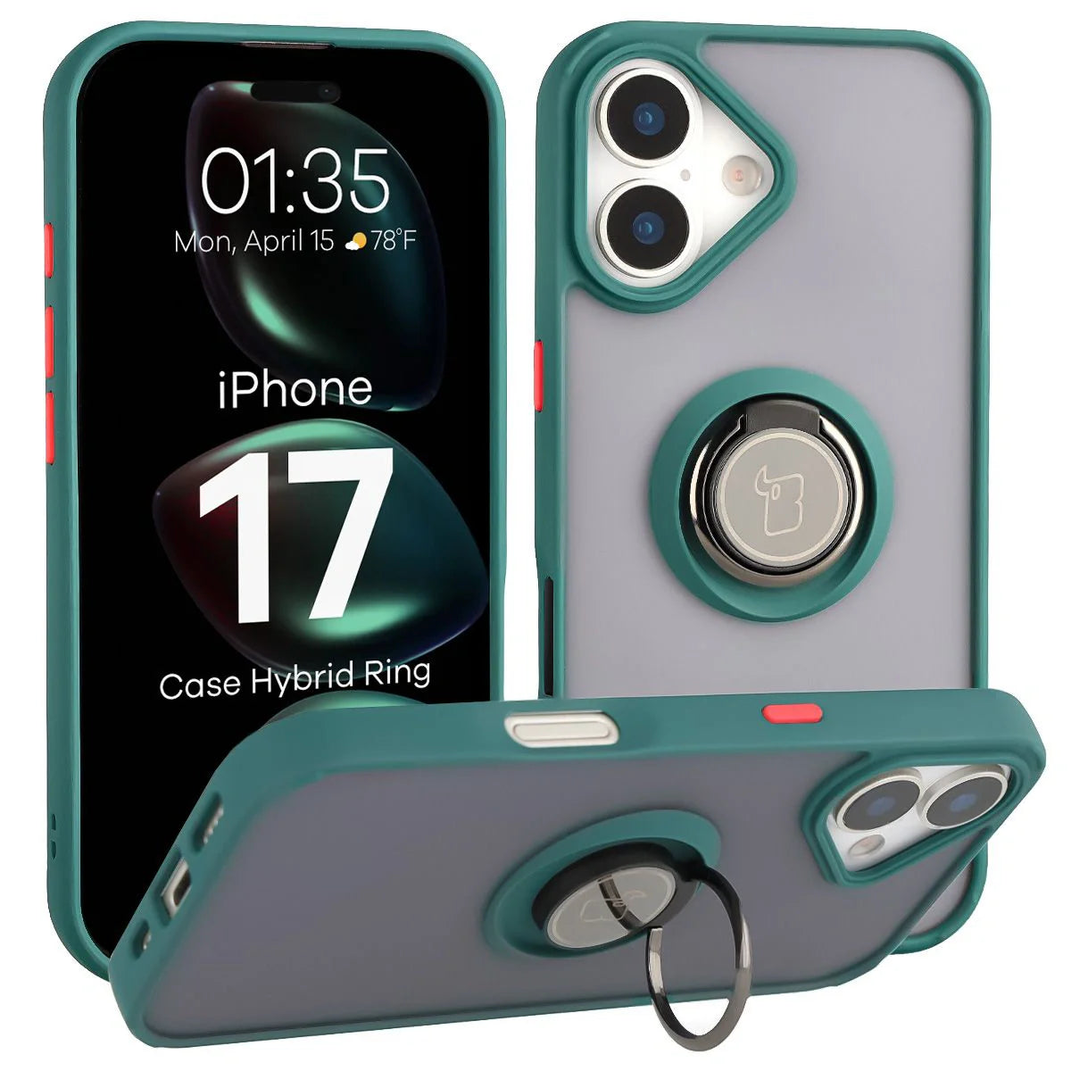 Handyhülle mit Fingergriff für iPhone 17, Bizon Case Hybrid Ring, getönt mit dunkelgrünem Rahmen