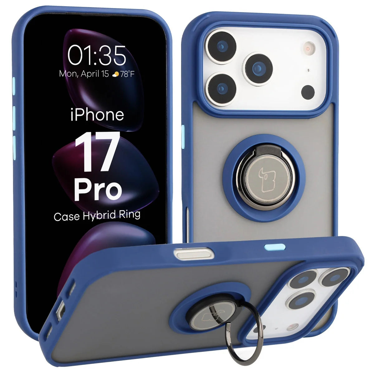 Handyhülle mit Fingergriff für iPhone 17 Pro, Bizon Case Hybrid Ring, getönt mit dunkelblauem Rahmen