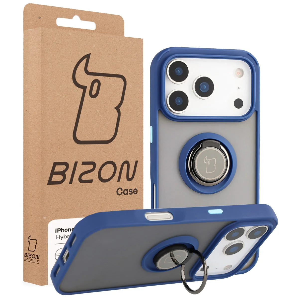 Handyhülle mit Fingergriff für iPhone 17 Pro, Bizon Case Hybrid Ring, getönt mit dunkelblauem Rahmen