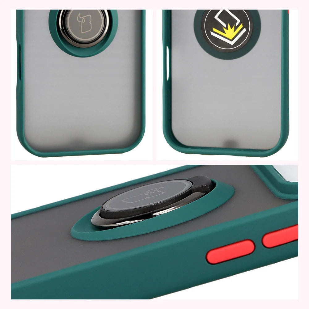 Handyhülle mit Fingergriff für iPhone 17 Pro, Bizon Case Hybrid Ring, getönt mit dunkelgrünem Rahmen
