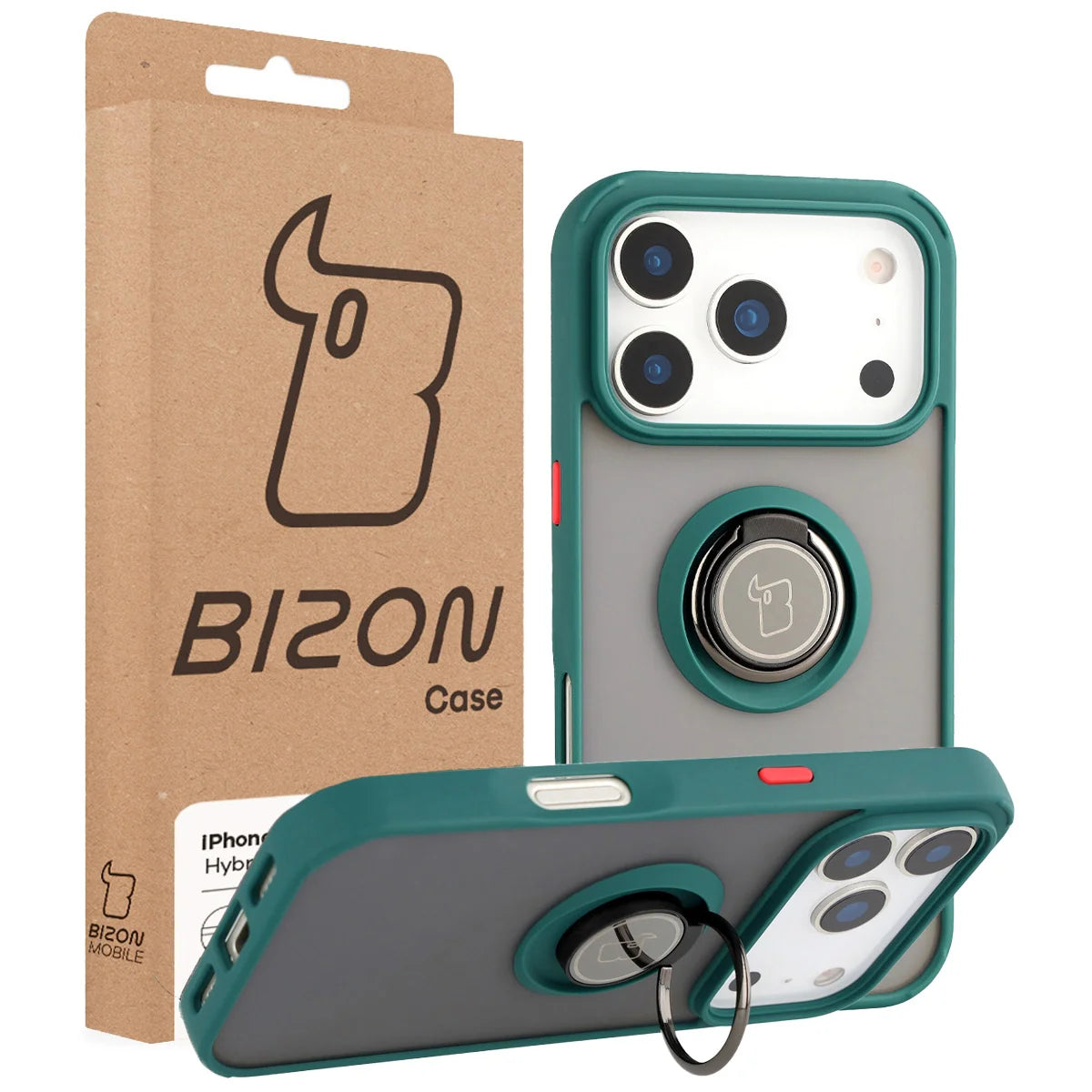 Handyhülle mit Fingergriff für iPhone 17 Pro, Bizon Case Hybrid Ring, getönt mit dunkelgrünem Rahmen