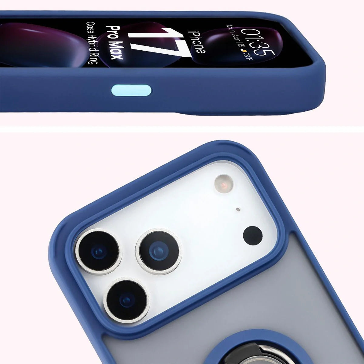 Handyhülle mit Fingergriff für iPhone 17 Pro Max, Bizon Case Hybrid Ring, getönt mit dunkelblauem Rahmen