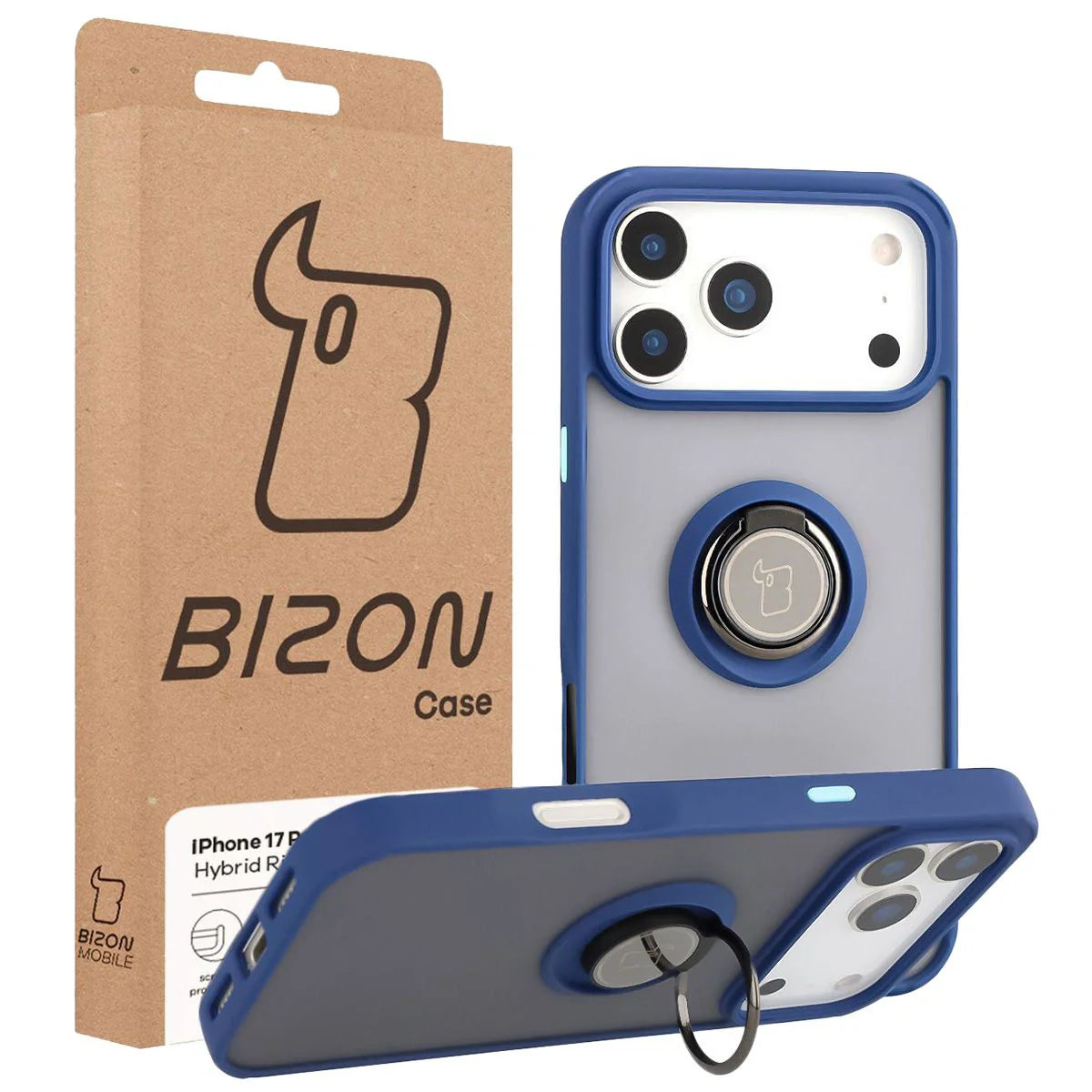 Handyhülle mit Fingergriff für iPhone 17 Pro Max, Bizon Case Hybrid Ring, getönt mit dunkelblauem Rahmen