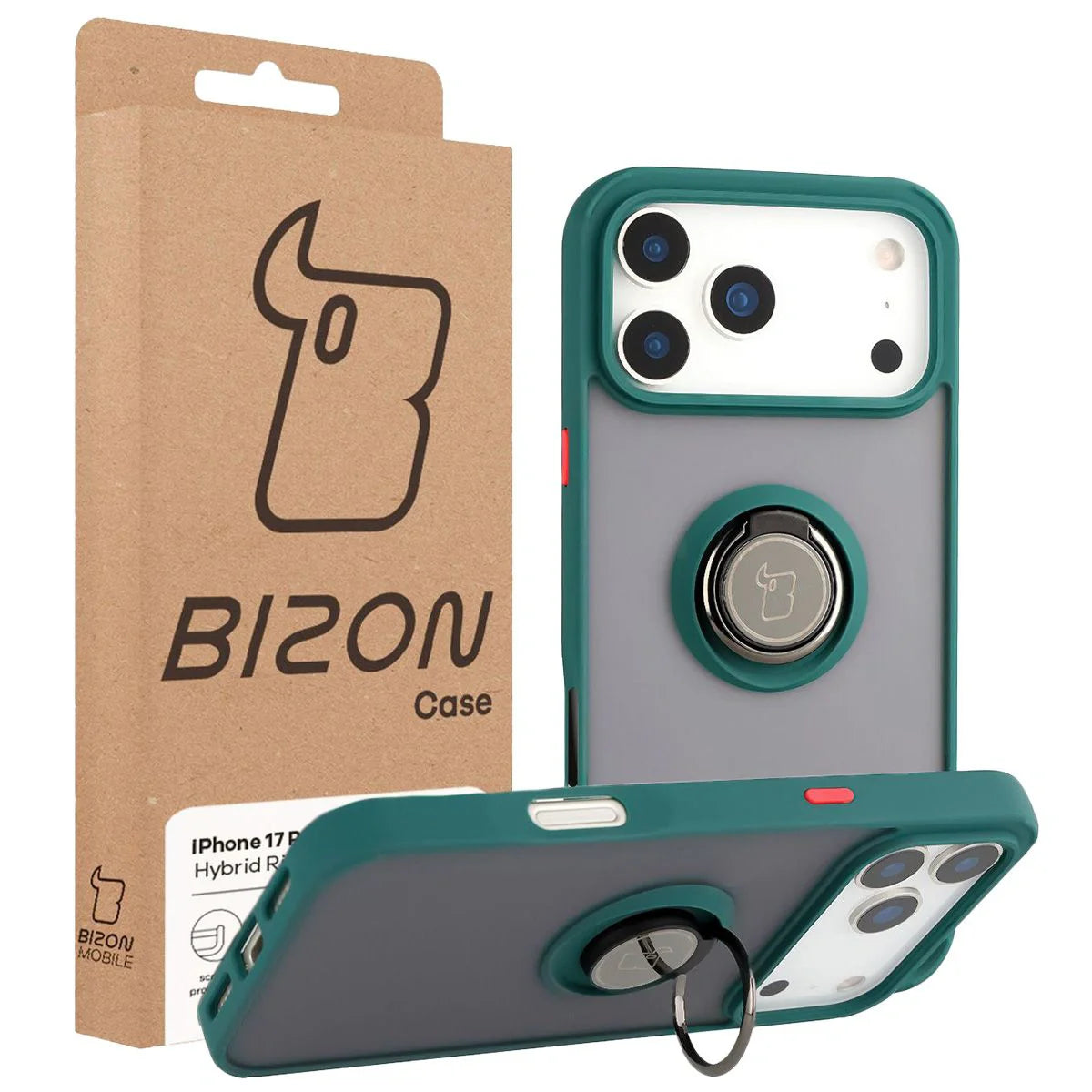 Handyhülle mit Fingergriff für iPhone 17 Pro Max, Bizon Case Hybrid Ring, getönt mit dunkelgrünem Rahmen