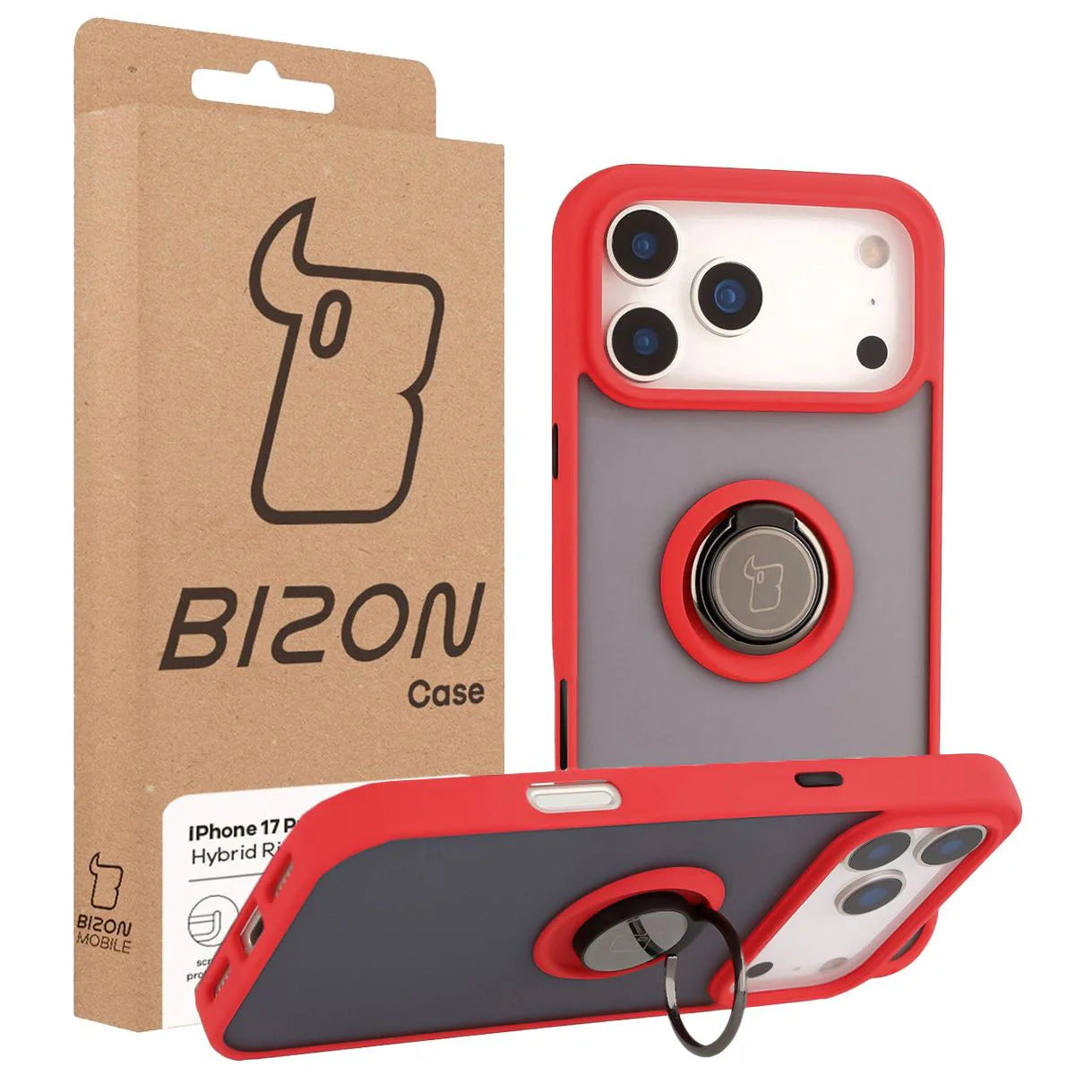 Handyhülle mit Fingergriff für iPhone 17 Pro Max, Bizon Case Hybrid Ring, getönt mit rotem Rahmen