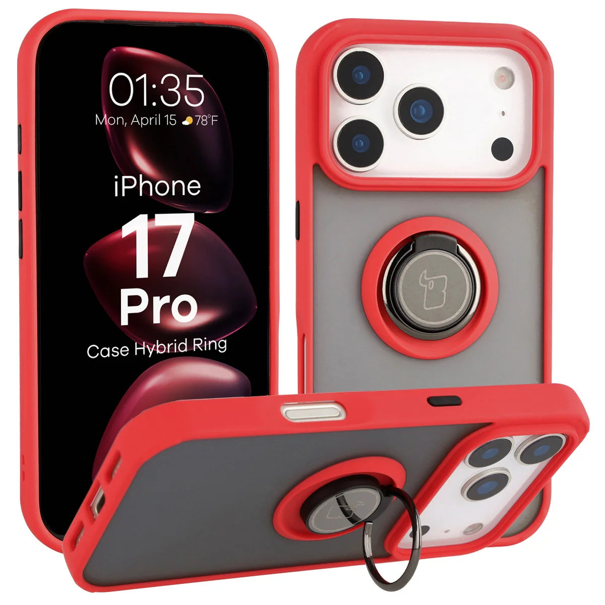 Handyhülle mit Fingergriff für iPhone 17 Pro, Bizon Case Hybrid Ring, getönt mit rotem Rahmen