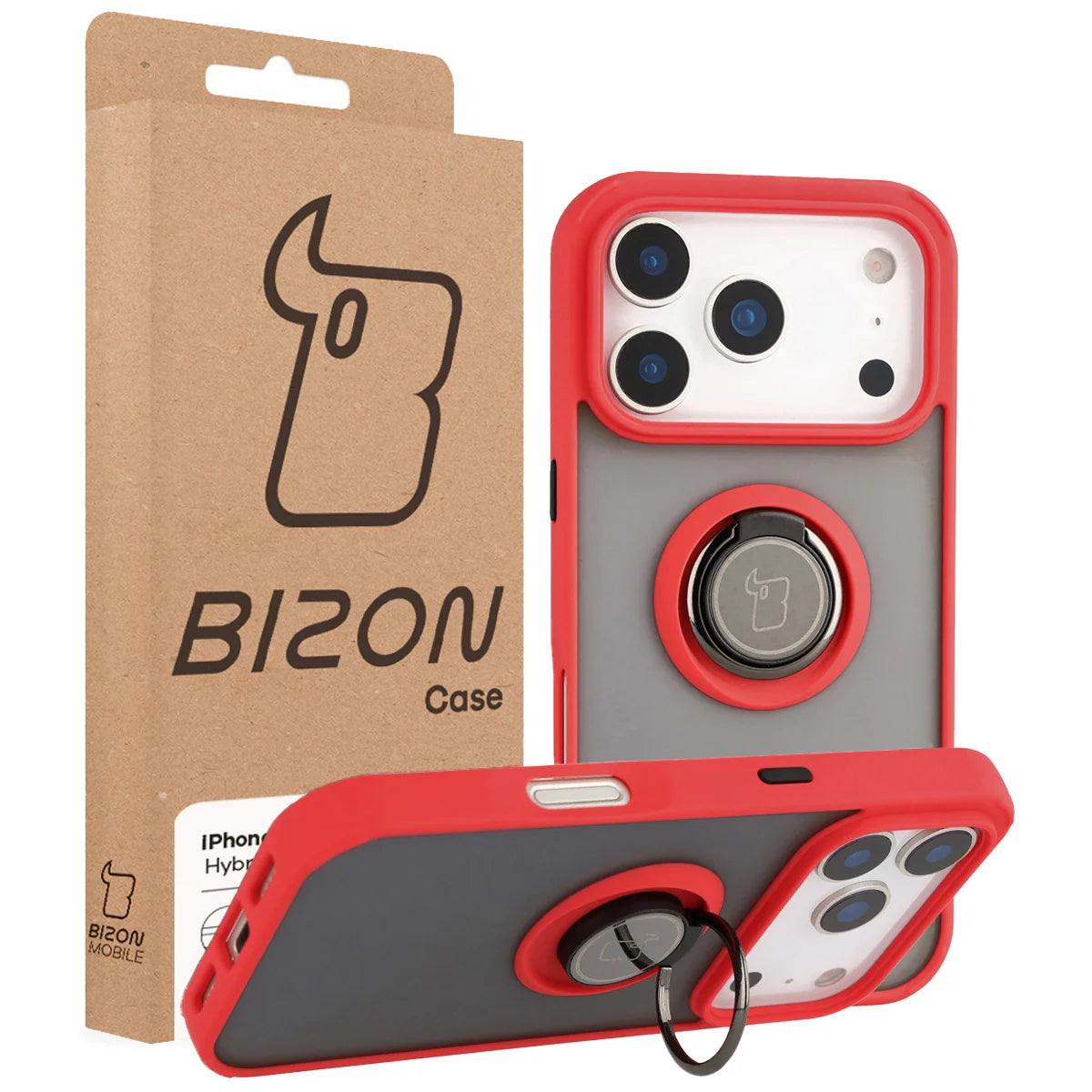 Handyhülle mit Fingergriff für iPhone 17 Pro, Bizon Case Hybrid Ring, getönt mit rotem Rahmen