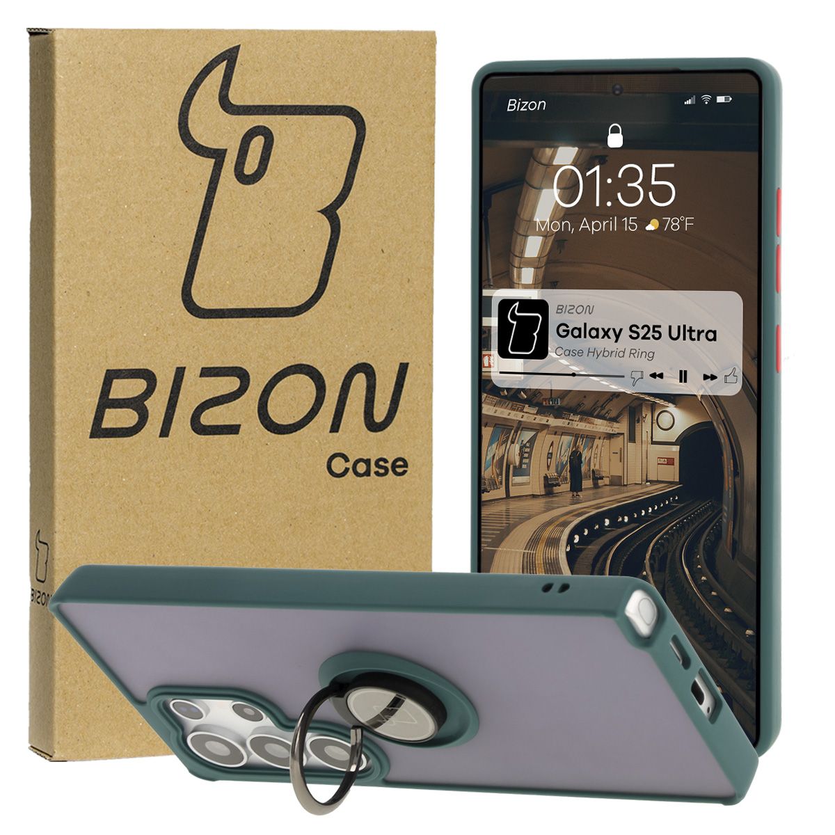 Handyhülle mit Fingergriff für Galaxy S25 Ultra, Bizon Case Hybrid Ring, getönt mit dunkelgrünem Rahmen