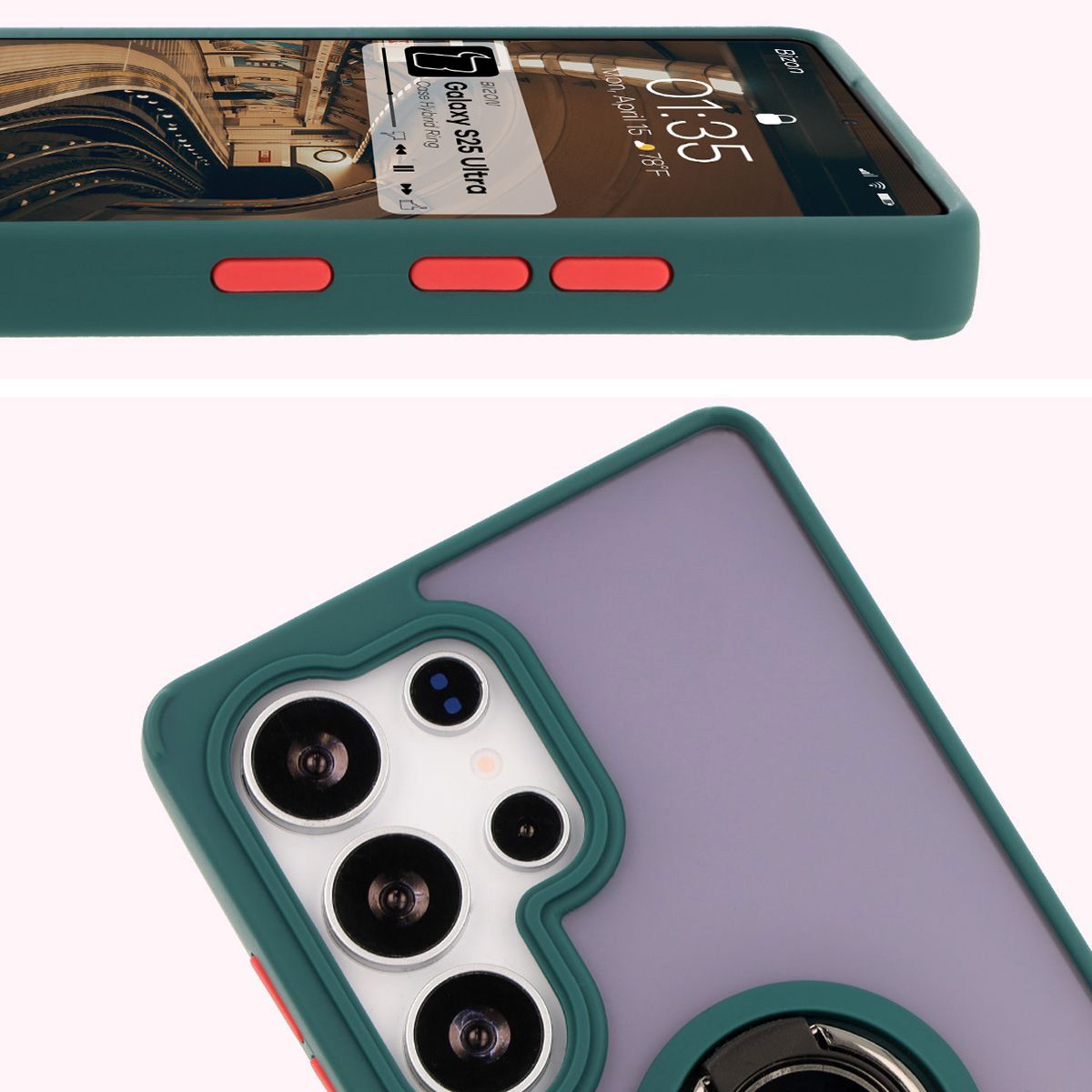 Handyhülle mit Fingergriff für Galaxy S25 Ultra, Bizon Case Hybrid Ring, getönt mit dunkelgrünem Rahmen