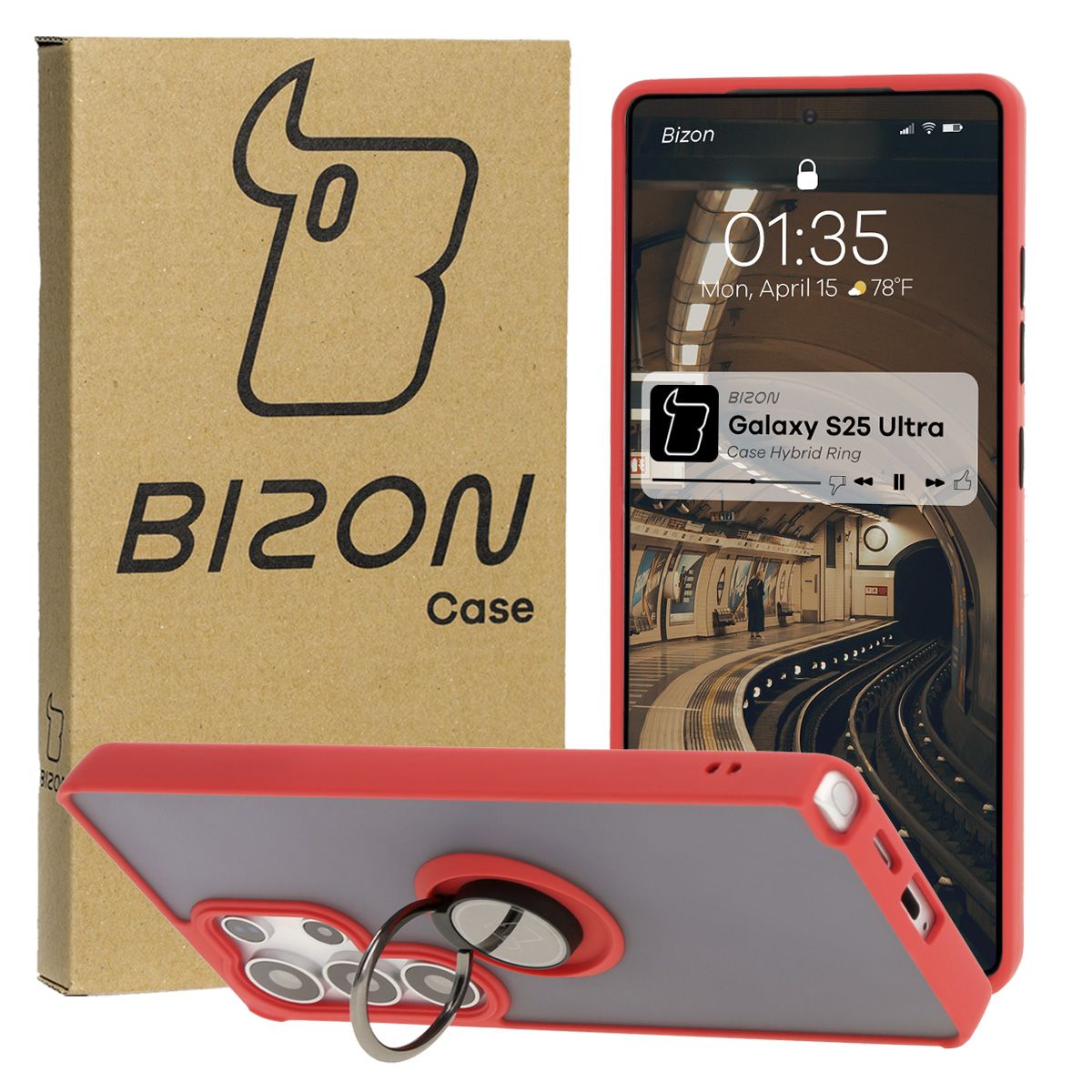 Handyhülle mit Fingergriff für Galaxy S25 Ultra, Bizon Case Hybrid Ring, getönt mit rotem Rahmen