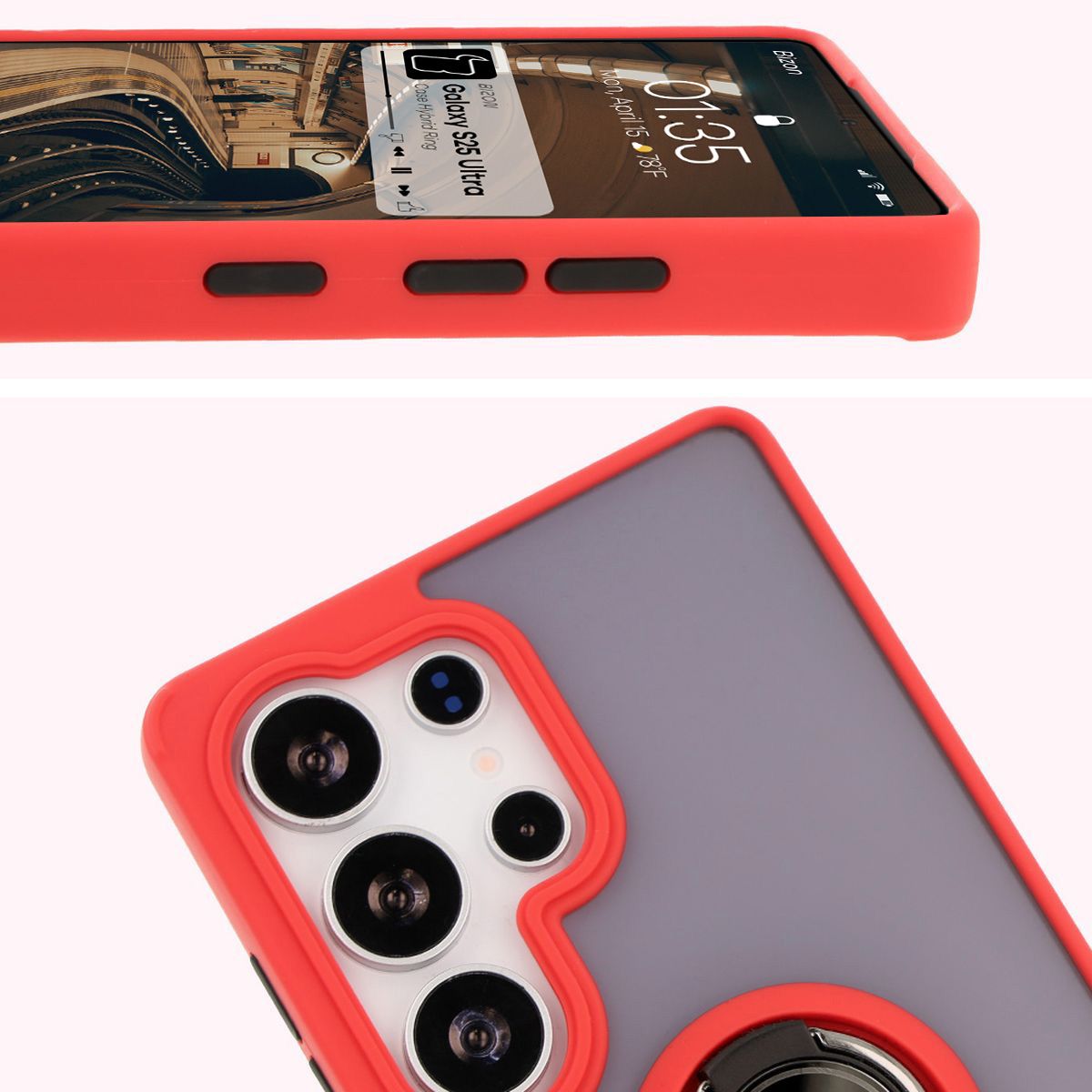 Handyhülle mit Fingergriff für Galaxy S25 Ultra, Bizon Case Hybrid Ring, getönt mit rotem Rahmen