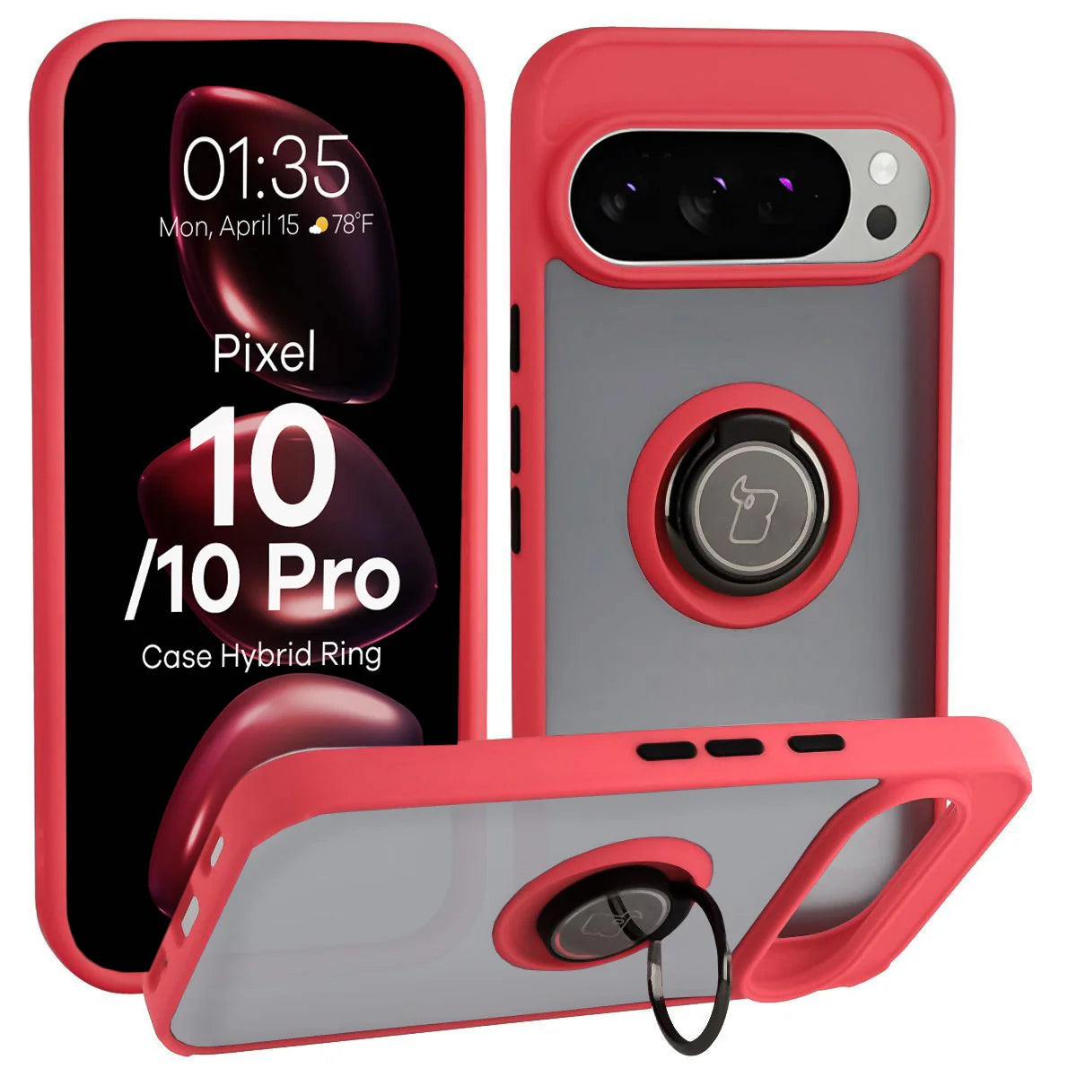 Handyhülle mit Fingergriff für Google Pixel 10 / 10 Pro, Bizon Case Hybrid Ring, getönt mit rotem Rahmen