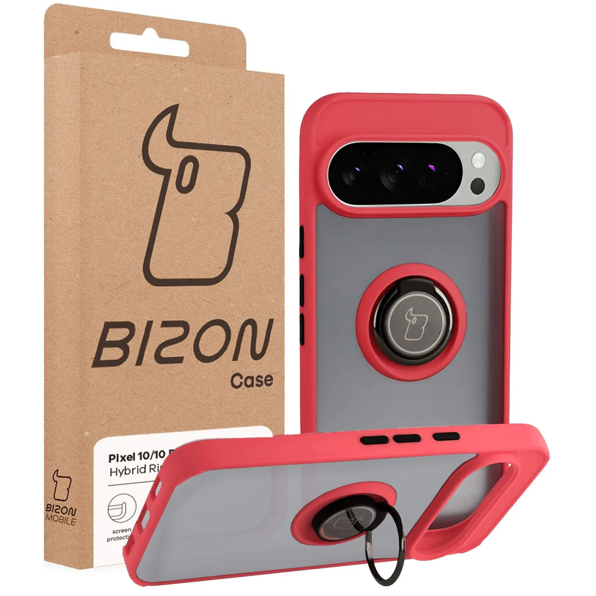 Handyhülle mit Fingergriff für Google Pixel 10 / 10 Pro, Bizon Case Hybrid Ring, getönt mit rotem Rahmen