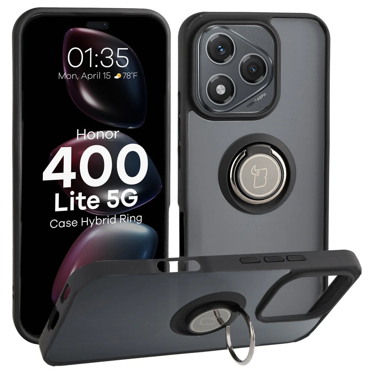 Handyhülle mit Fingergriff für Honor 400 Lite, Bizon Case Hybrid Ring, getönt mit schwarzem Rahmen