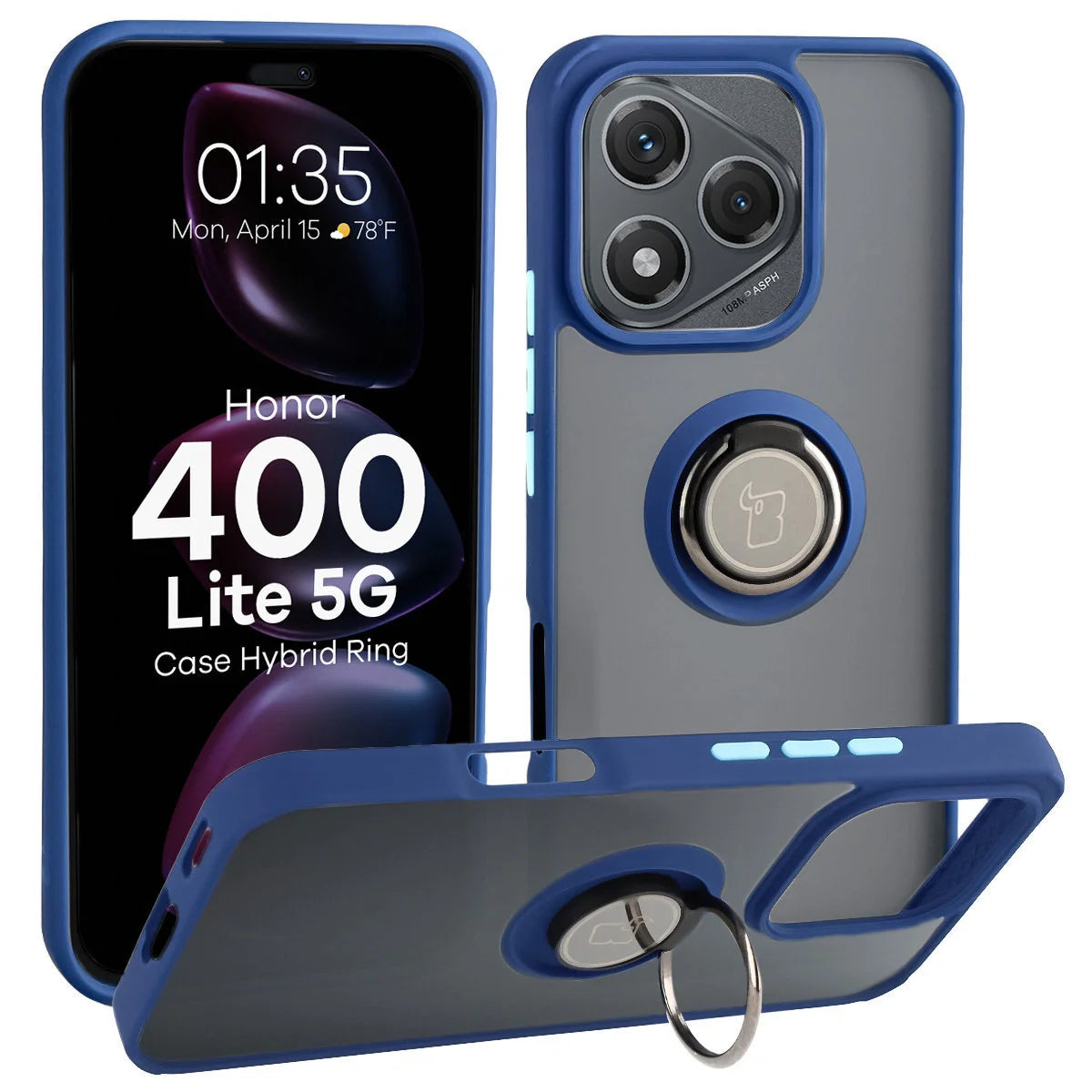 Handyhülle mit Fingergriff für Honor 400 Lite, Bizon Case Hybrid Ring, getönt mit dunkelblauem Rahmen