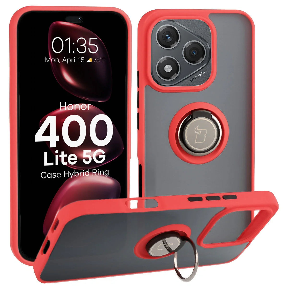 Handyhülle mit Fingergriff für Honor 400 Lite, Bizon Case Hybrid Ring, getönt mit rotem Rahmen