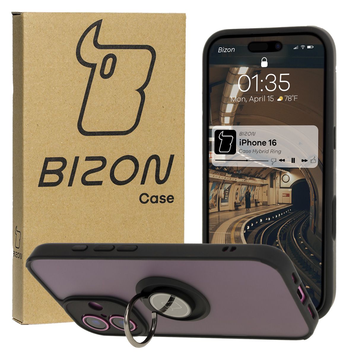 Handyhülle mit Fingergriff für iPhone 16, Bizon Case Hybrid Ring, getönt mit schwarzem Rahmen