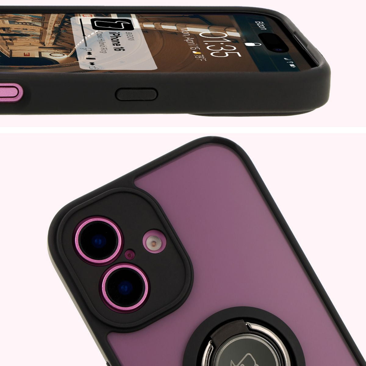 Handyhülle mit Fingergriff für iPhone 16, Bizon Case Hybrid Ring, getönt mit schwarzem Rahmen