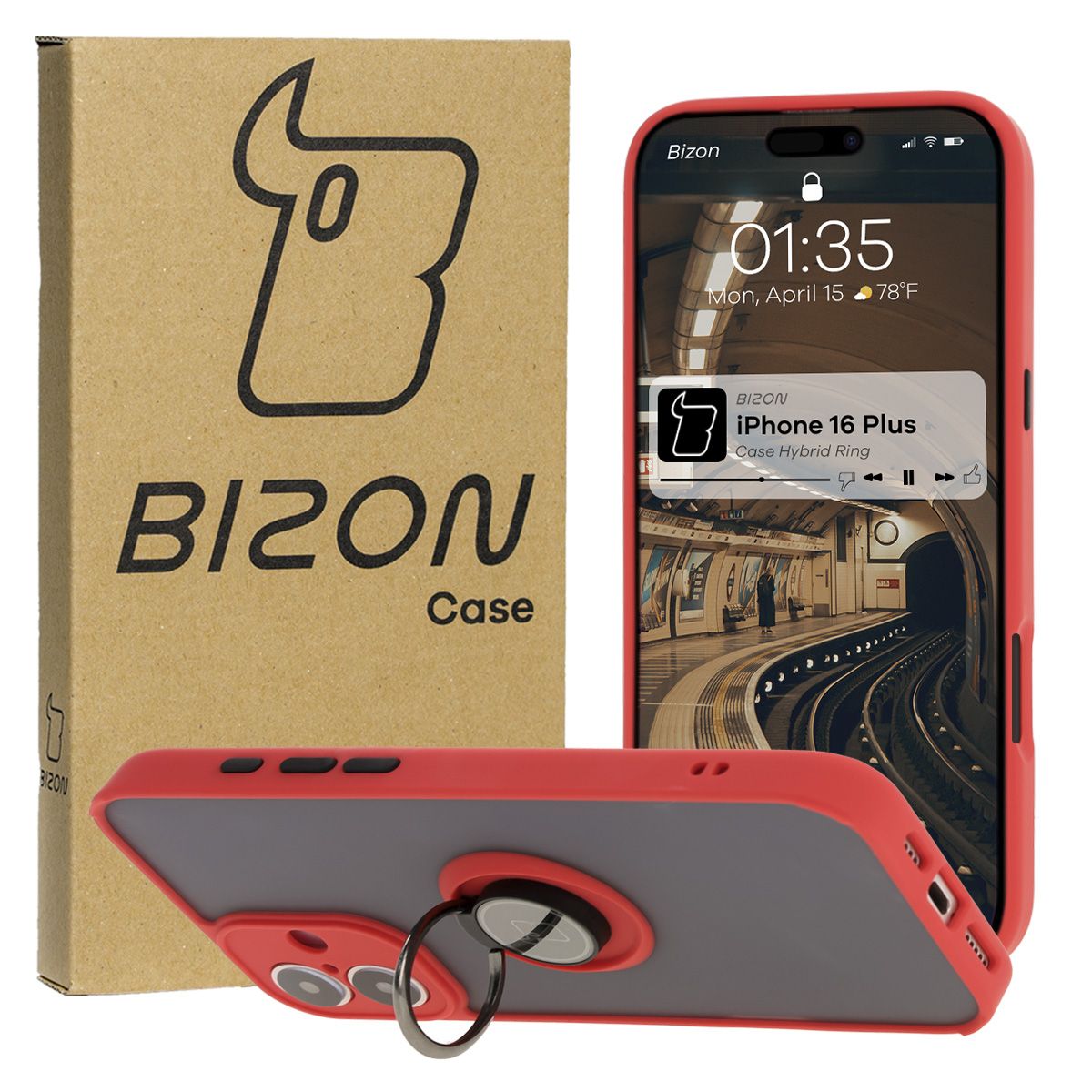 Handyhülle mit Fingergriff für iPhone 16 Plus, Bizon Case Hybrid Ring, getönt mit rotem Rahmen