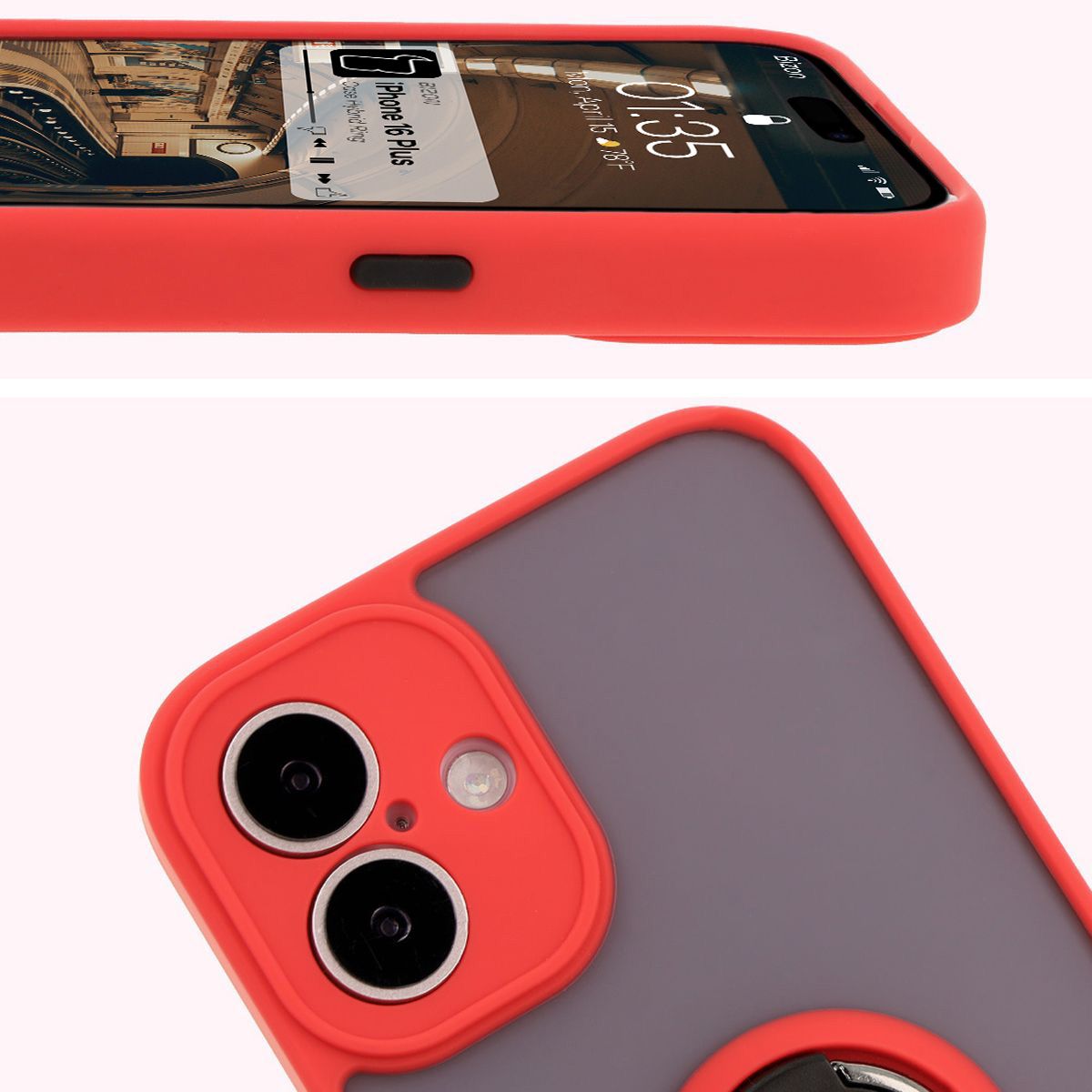 Handyhülle mit Fingergriff für iPhone 16 Plus, Bizon Case Hybrid Ring, getönt mit rotem Rahmen