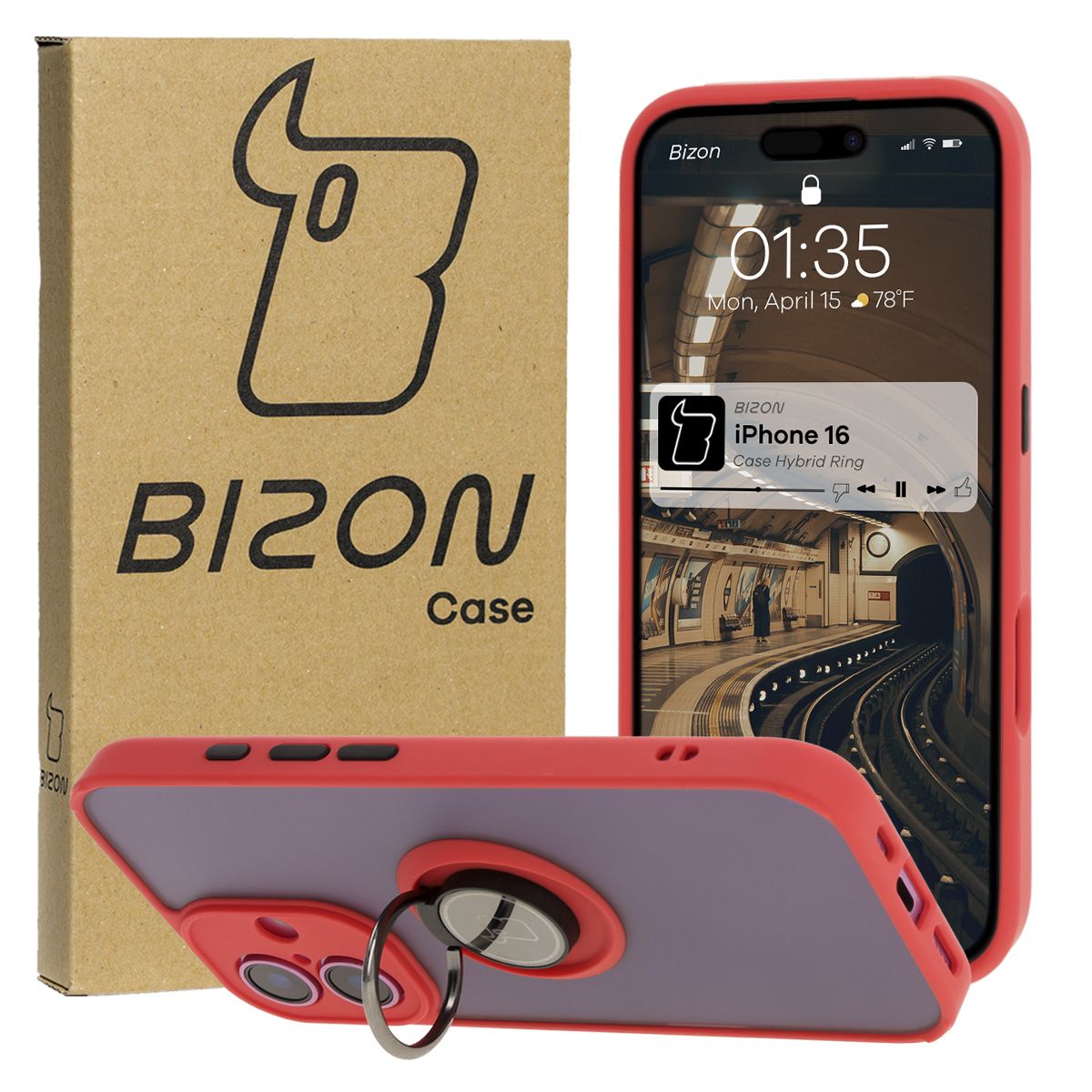 Handyhülle mit Fingergriff für iPhone 16, Bizon Case Hybrid Ring, getönt mit rotem Rahmen