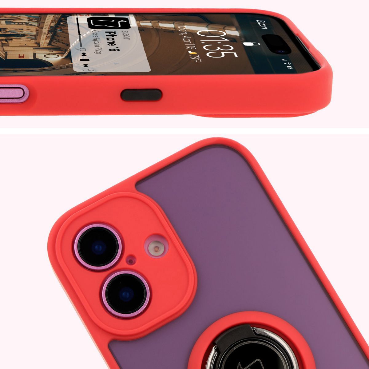 Handyhülle mit Fingergriff für iPhone 16, Bizon Case Hybrid Ring, getönt mit rotem Rahmen