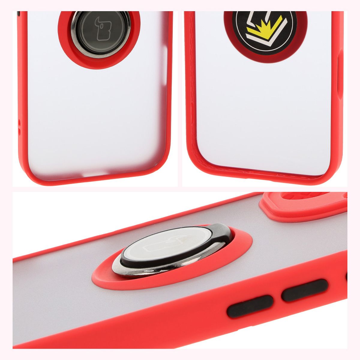 Handyhülle mit Fingergriff für iPhone 16, Bizon Case Hybrid Ring, getönt mit rotem Rahmen